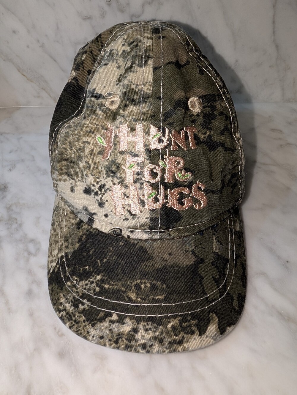 Bass Pro Shops Green Tan Camo Baby Hat - "I Hunt For Hugs" Embroidery 3 6 9 12